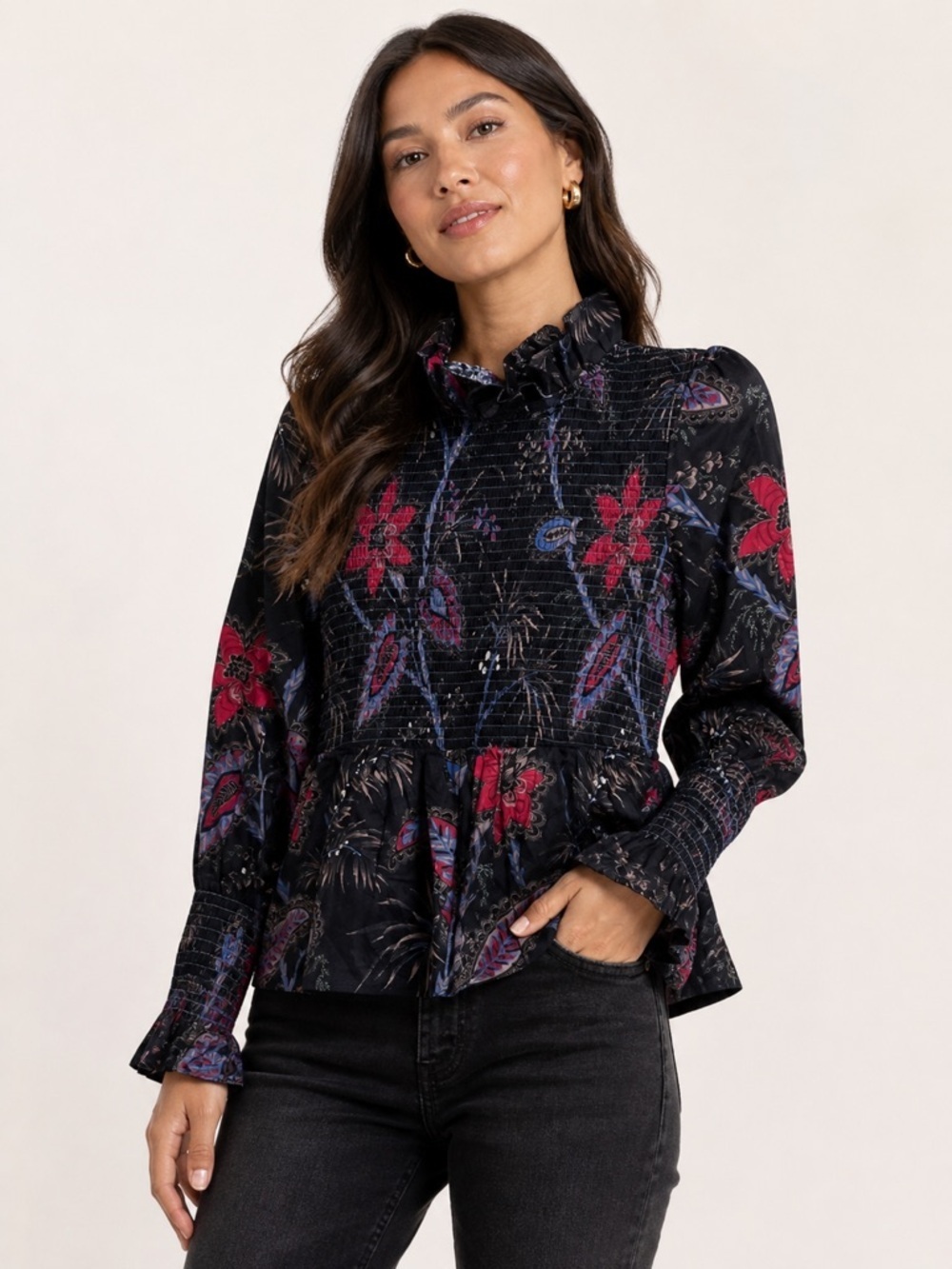 Tuckernuck Sz Md Smocked Floral Ruffle Neck Peplum Blouse Top Women's
